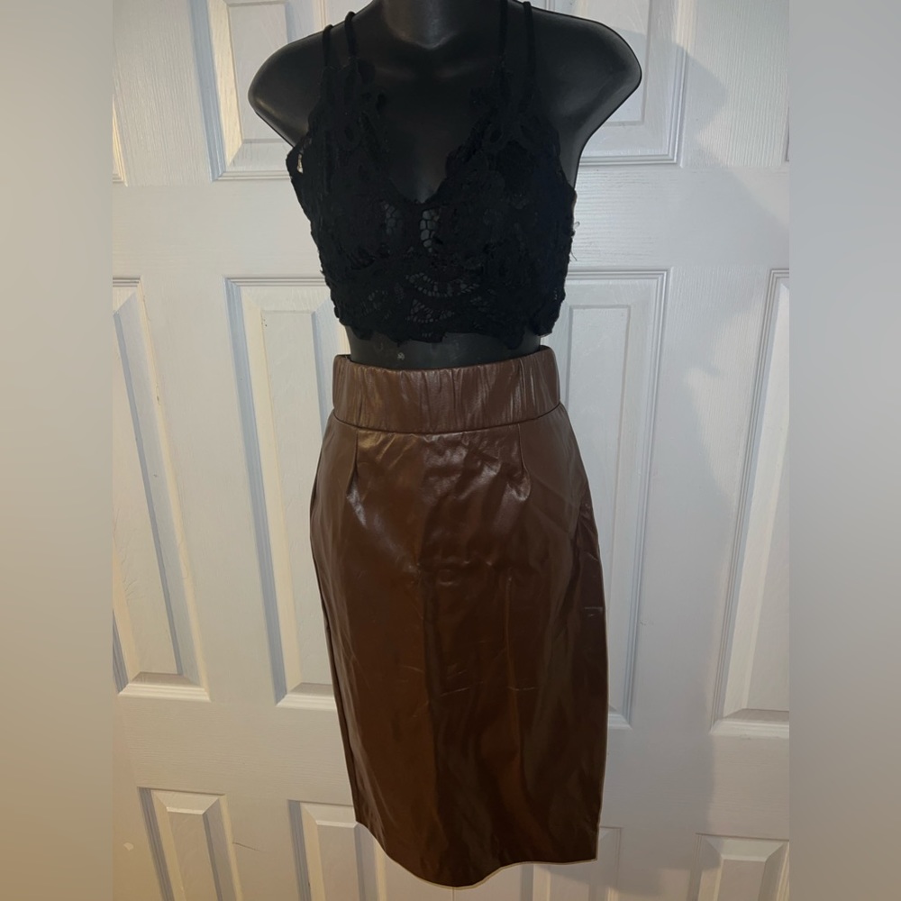 Brown Leather High Midi Skirt